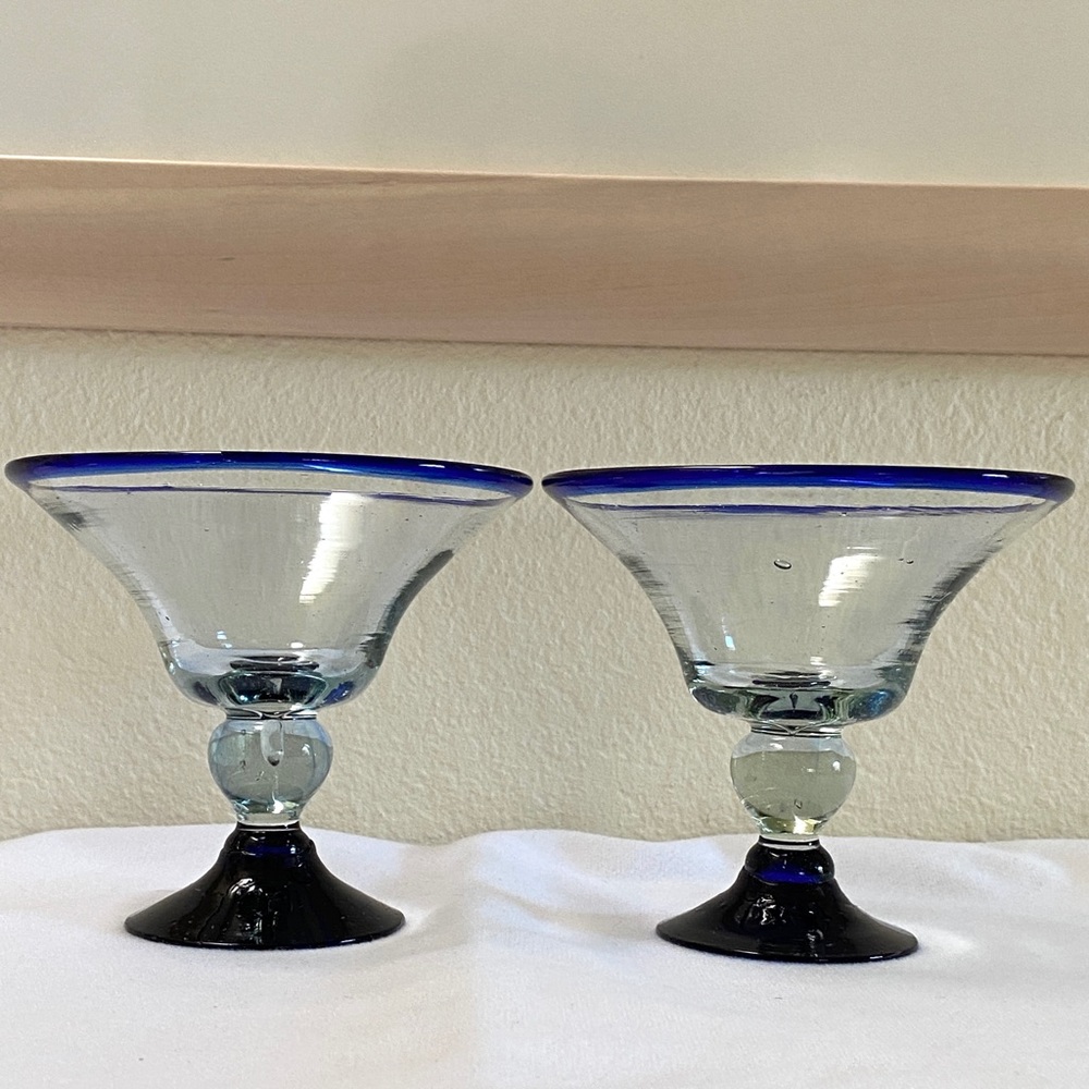 Set Margarita Glasses Cobalt Blue Rim Pedestal Hand Blown Bubble Glass Vtg Wine